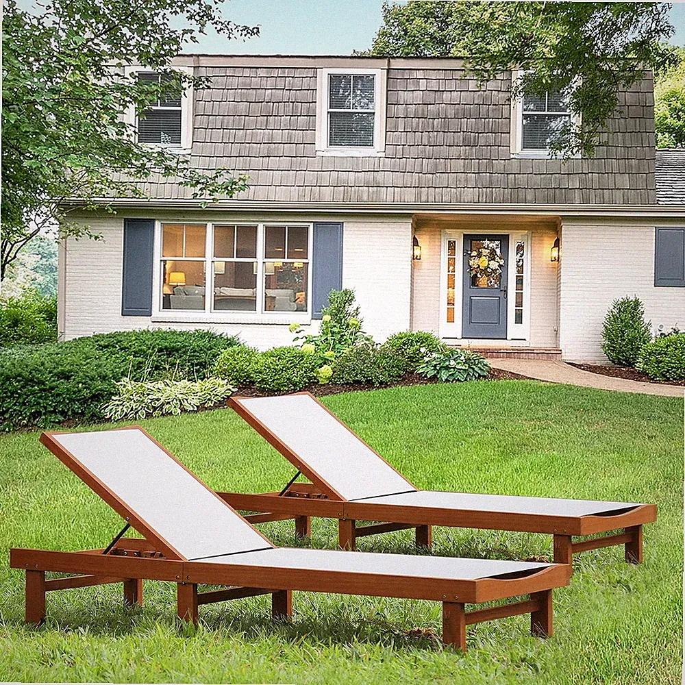 2PC Adjustable Solid Wood Patio Lounge Chair Set for Deck Relaxation