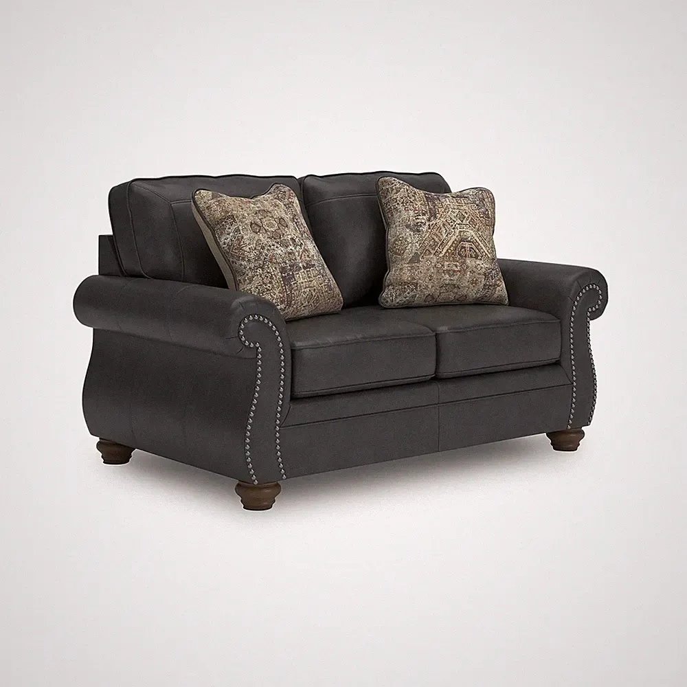 Chatterton Rustic Faux Leather Loveseat with Nailhead Trim and 2 Throw Pillow...