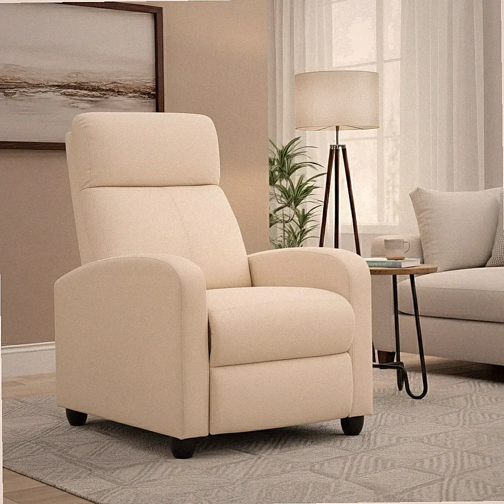 Cozy Textile Beige Recliner with Adjustable Footrest & 2-Point Massage Function