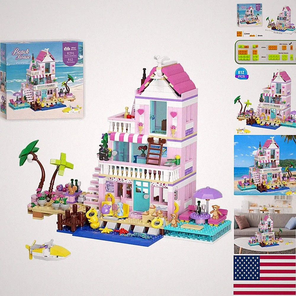 Girls Seaside Villa Building Blocks - 812pcs Beach Cottage Toy for Ages 8+
