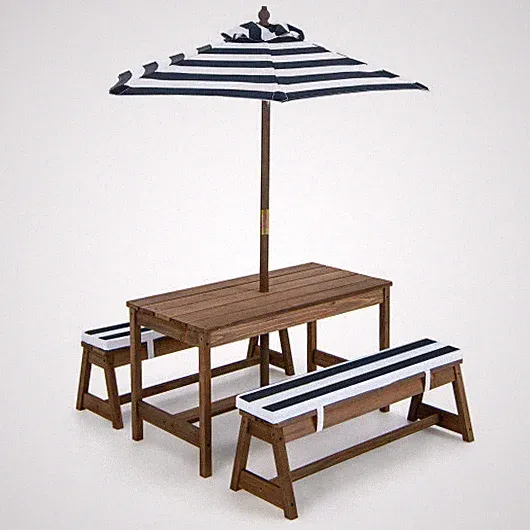 Kids Picnic Table and Bench Set with Cushions and Height Adjustable Umbrella-Blu