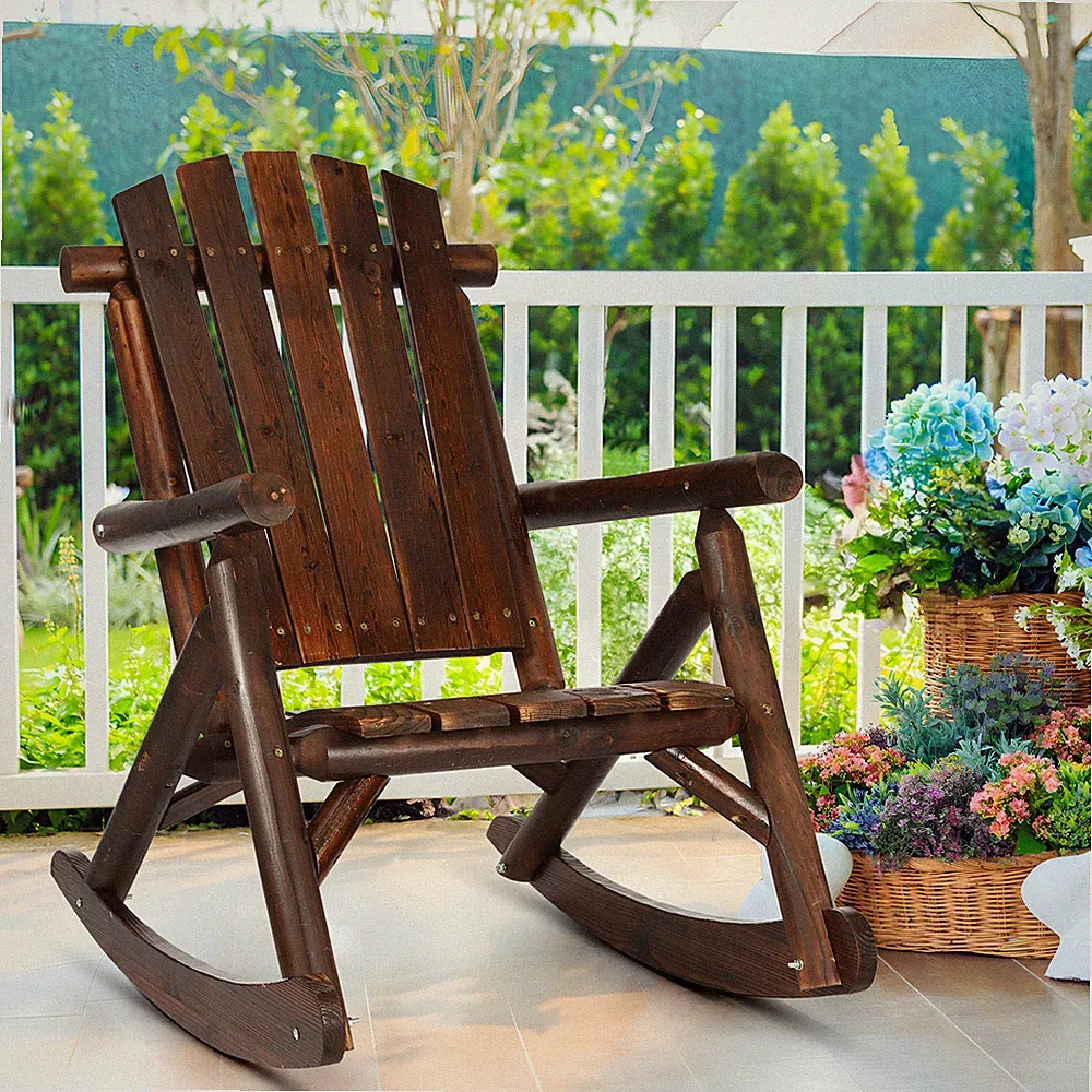 Log Rocking Chair Adirondack Wooden Porch Rocker Patio Deck Furniture Carbonized