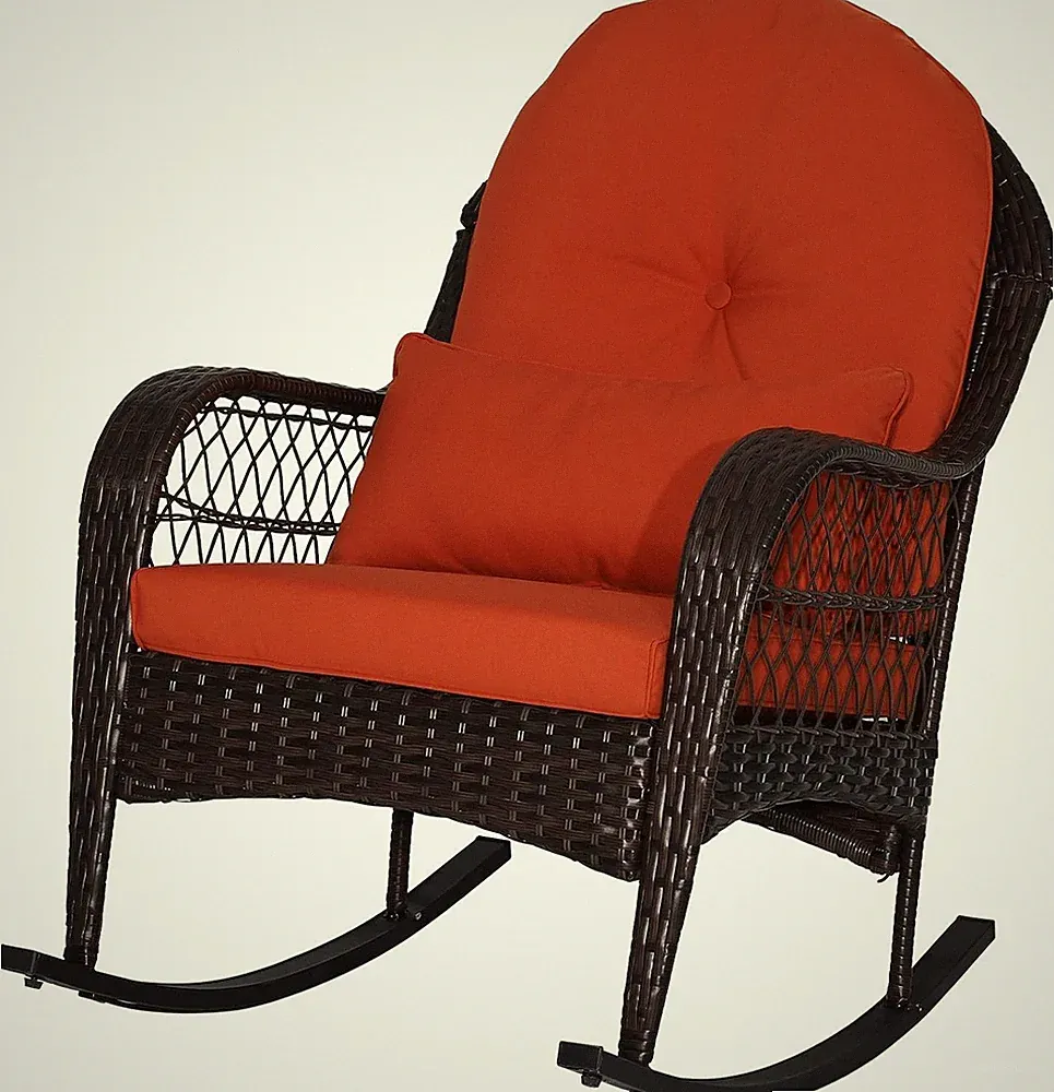 Outdoor Wicker Rocking Chair, Patio Rattan Rocker W/Lumbar Pillow, Padded Seat &
