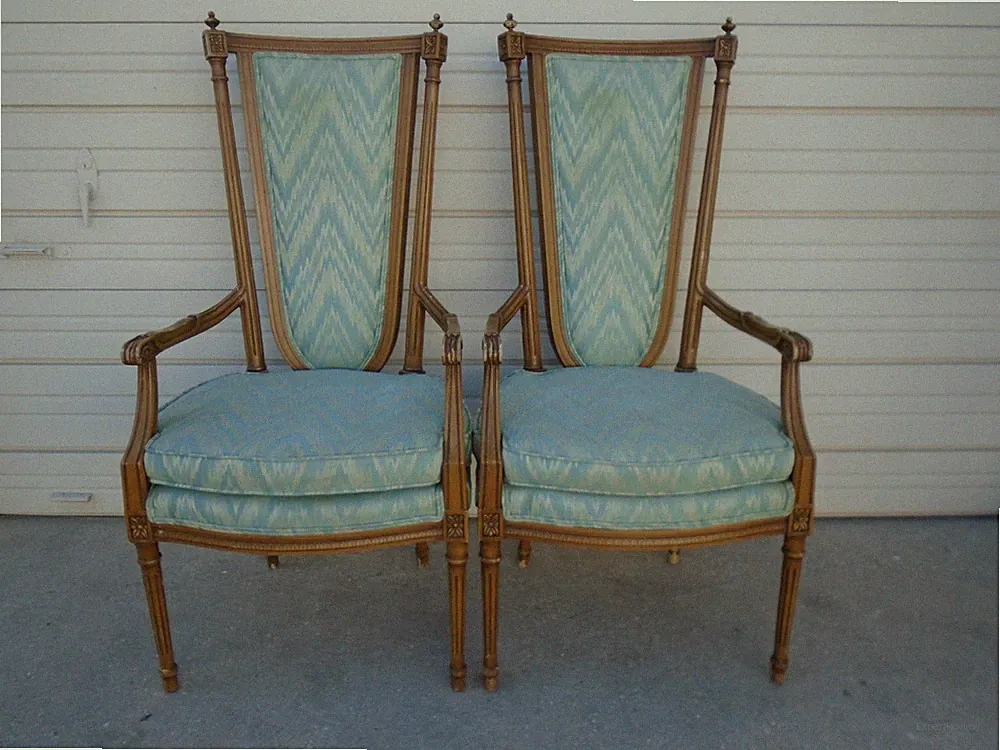 Tall Pair Triangle French Lounge Chairs Art Deco Hollywood Regency 2 Carved Boho