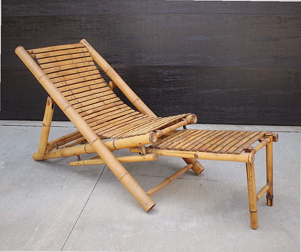 Vintage Mid-Century Real Bamboo Sling Chair Recliner Chaise Lounge Beach Cottage